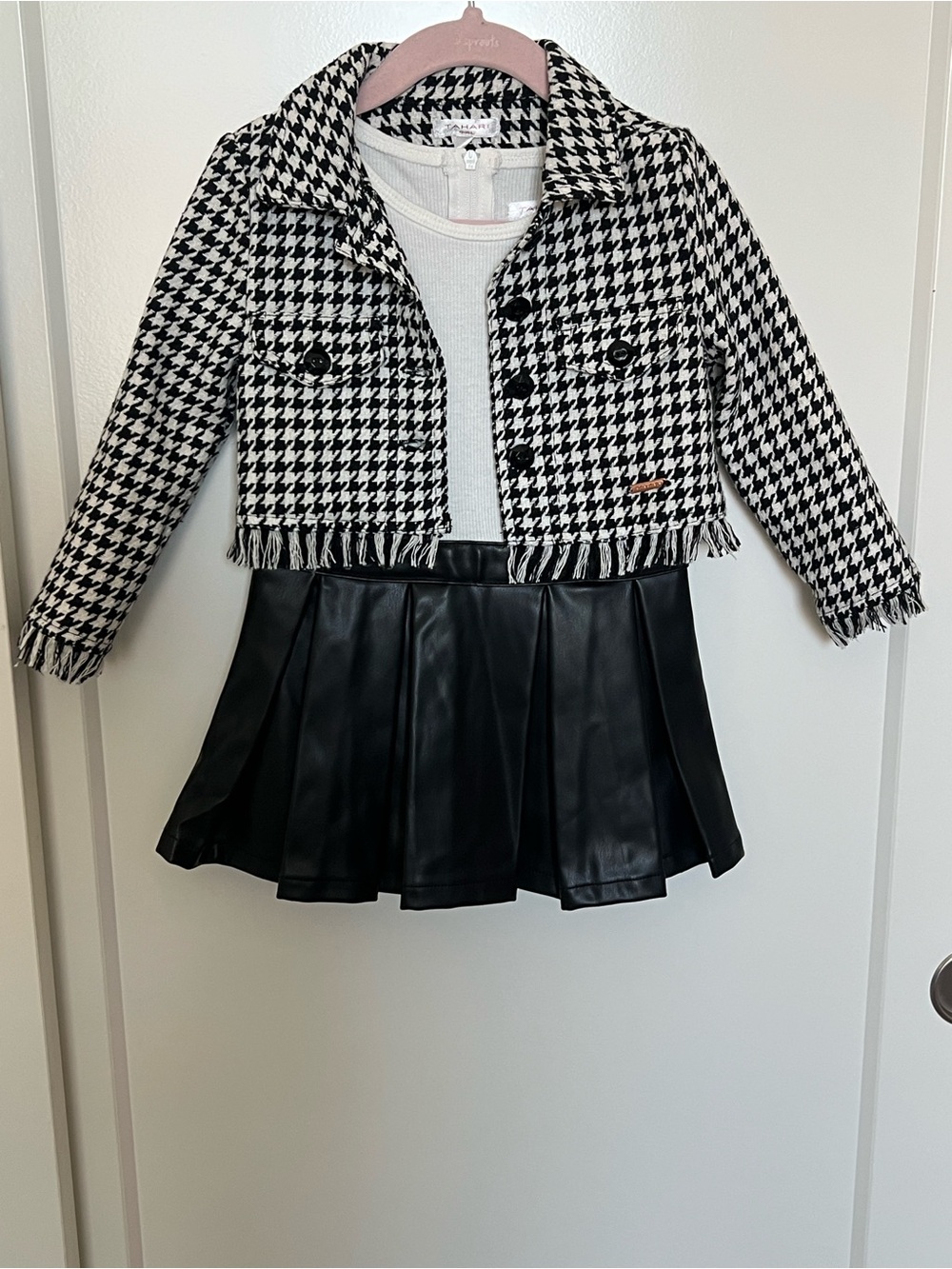 Tahari Girl Black & White Houndstooth Fringe Jacket with Dress